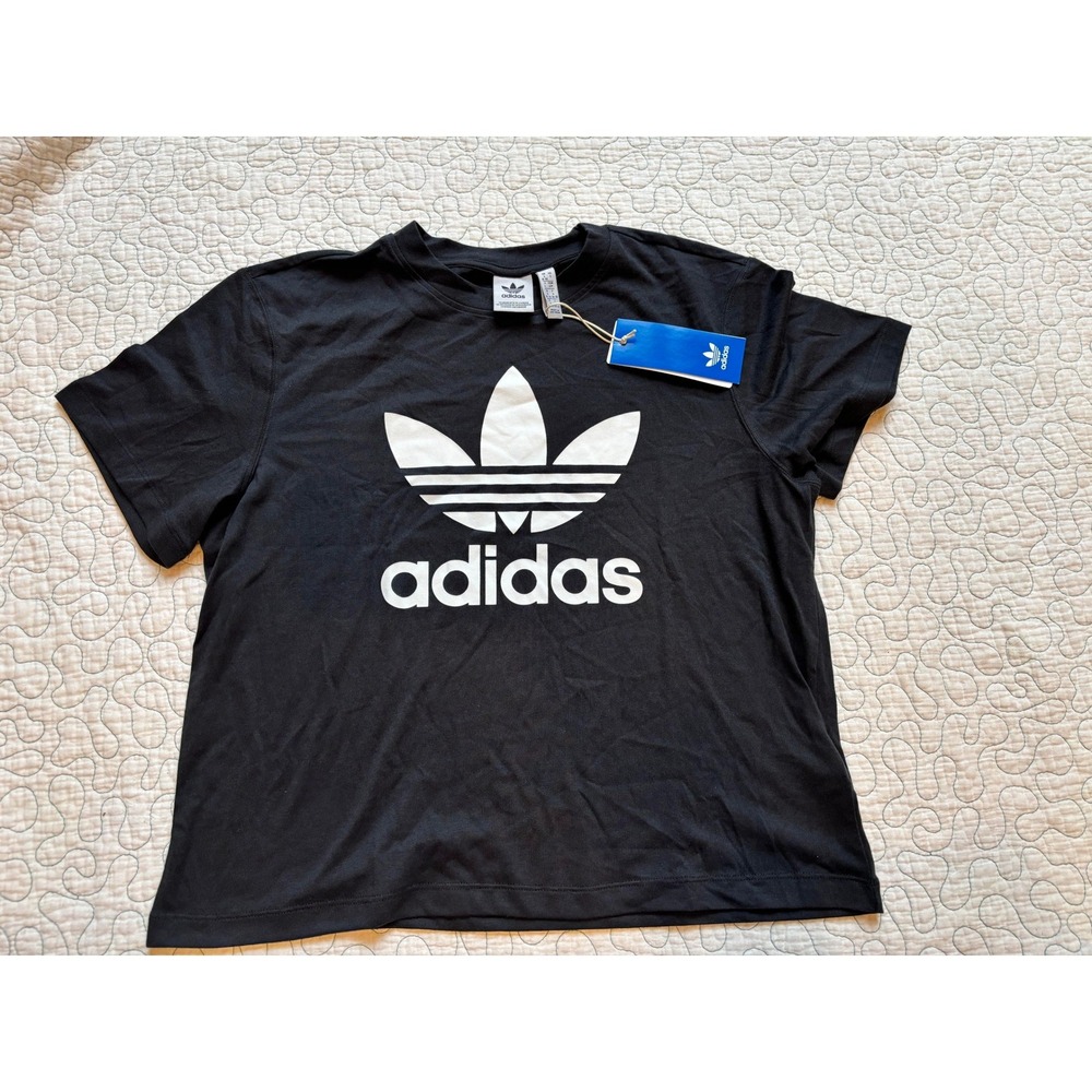 Adidas Originals Women Black Trefoil Boxy Tee Shirt Size Small‎